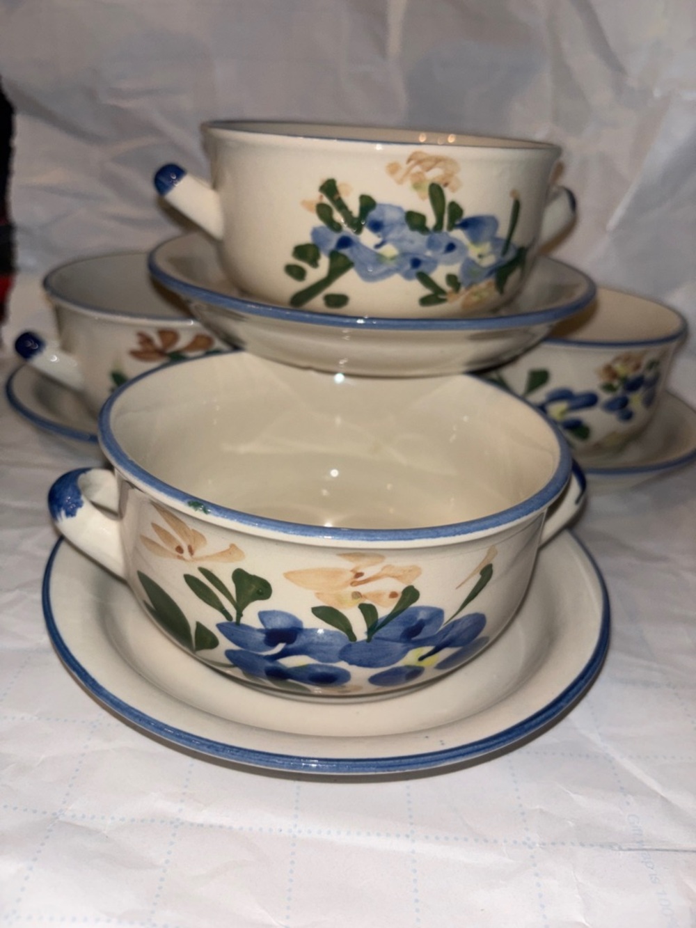 4  Vintage ChiKiang stoneware soup bowl set hand painted (1 set of 2) VGUC